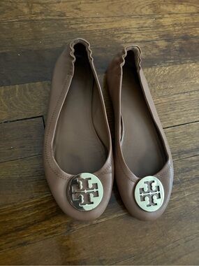 Tory Burch Tan Leather Logo Ballet Flats